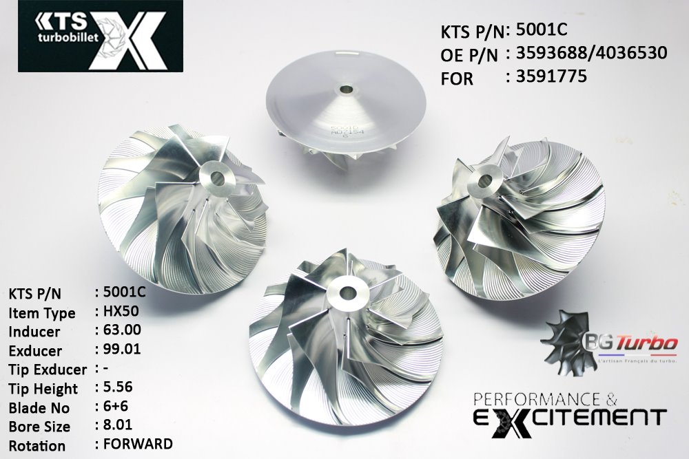 Turbo ROUE FORGÉE MFS PERFORMANCE - 6+6 PALES - INDUCER : 62,9998 - EXDUCER : 99,01 - TYPE : HX50ANGLE : 60° - ROTATION : Forward - SUPER BACK : 6,27 - BORE SIZE : 8,01
